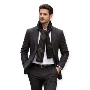 Cashmere Gray & Black Plaid Fringed Scarf Men's